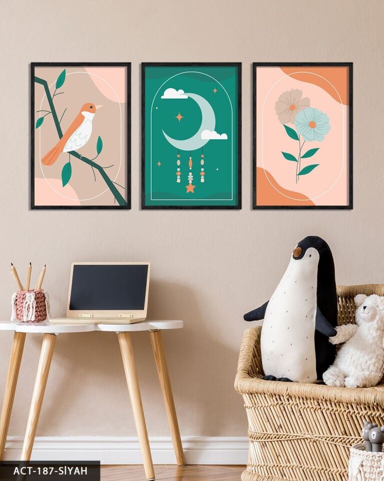 Minimalist Ay Çiçek ve Kuş 3 Parça Ahşap Çerçeveli Tablo ACT Siyah - 30 x 40 CM