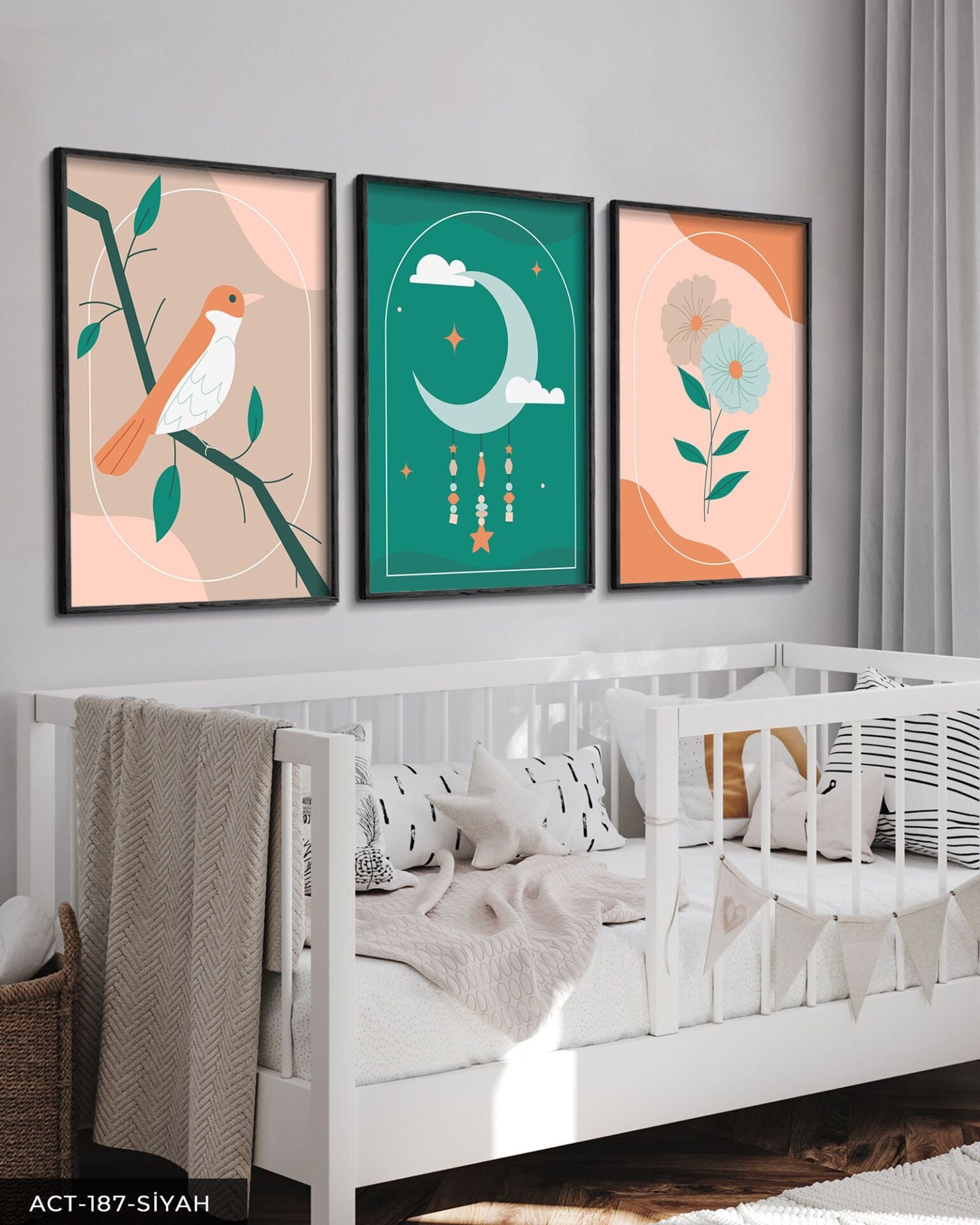 Minimalist Ay Çiçek ve Kuş 3 Parça Ahşap Çerçeveli Tablo ACT Siyah - 30 x 40 CM