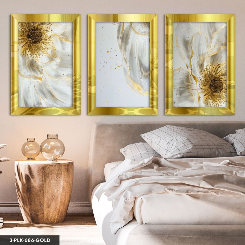Gold Detaylı Beyaz Çiçek 3 Parça Pleksi Aynalı Tablo 20 x 30 CM - Gold