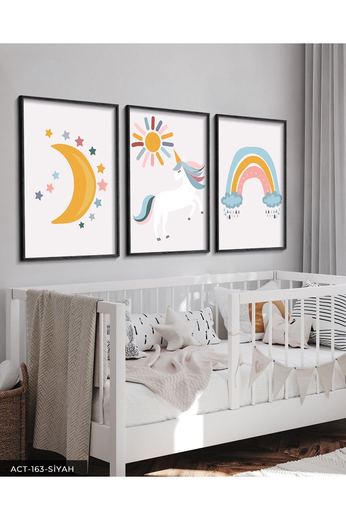 Minimalist Unicorn 3 Parça Ahşap Çerçeveli Tablo ACT Siyah - 50 x 70 CM