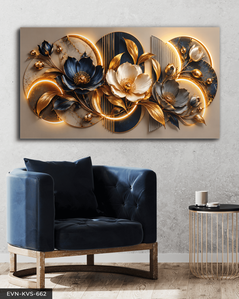 Yuvarlak Desenler ve Mavi Gümüş Çiçek Tek Parça Işıksız Kanvas - Canvas Tablo