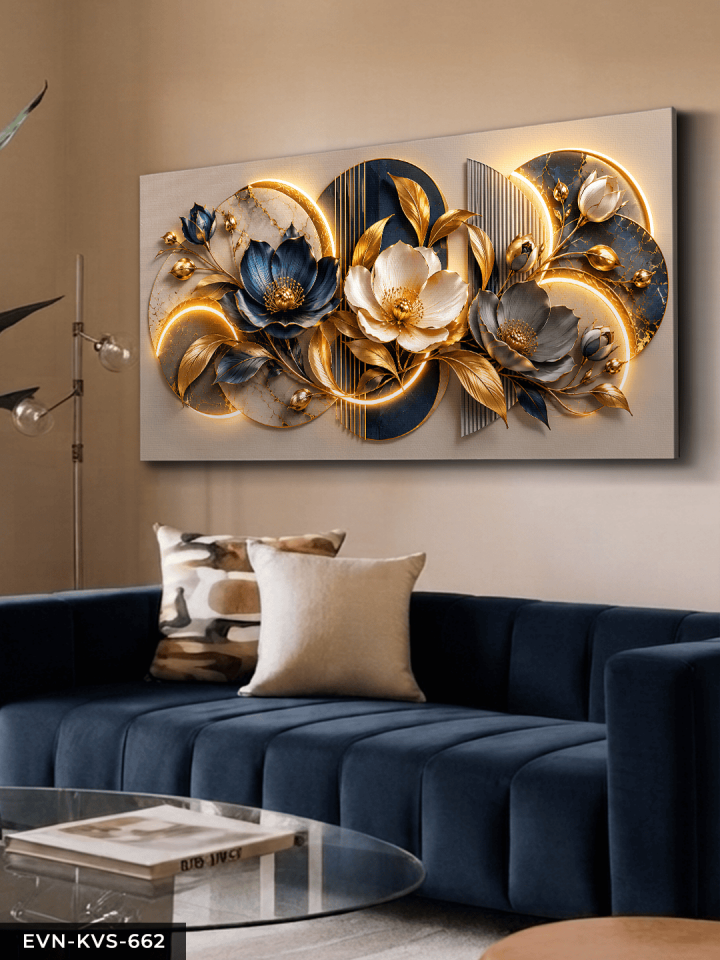 Yuvarlak Desenler ve Mavi Gümüş Çiçek Tek Parça Işıksız Kanvas - Canvas Tablo