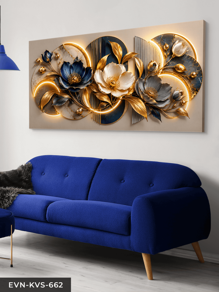 Yuvarlak Desenler ve Mavi Gümüş Çiçek Tek Parça Işıksız Kanvas - Canvas Tablo