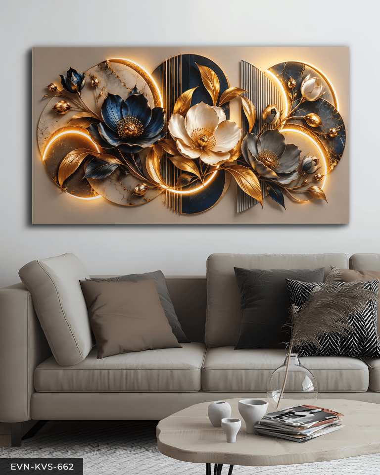 Yuvarlak Desenler ve Mavi Gümüş Çiçek Tek Parça Işıksız Kanvas - Canvas Tablo