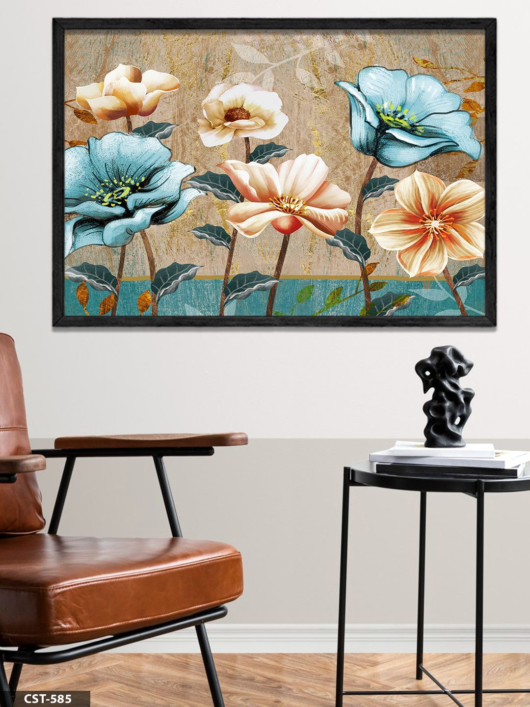 Mavi ve Pembe Çiçekler Tek Parça Ahşap Çerçeveli Tablo Siyah - 50 x 70 CM
