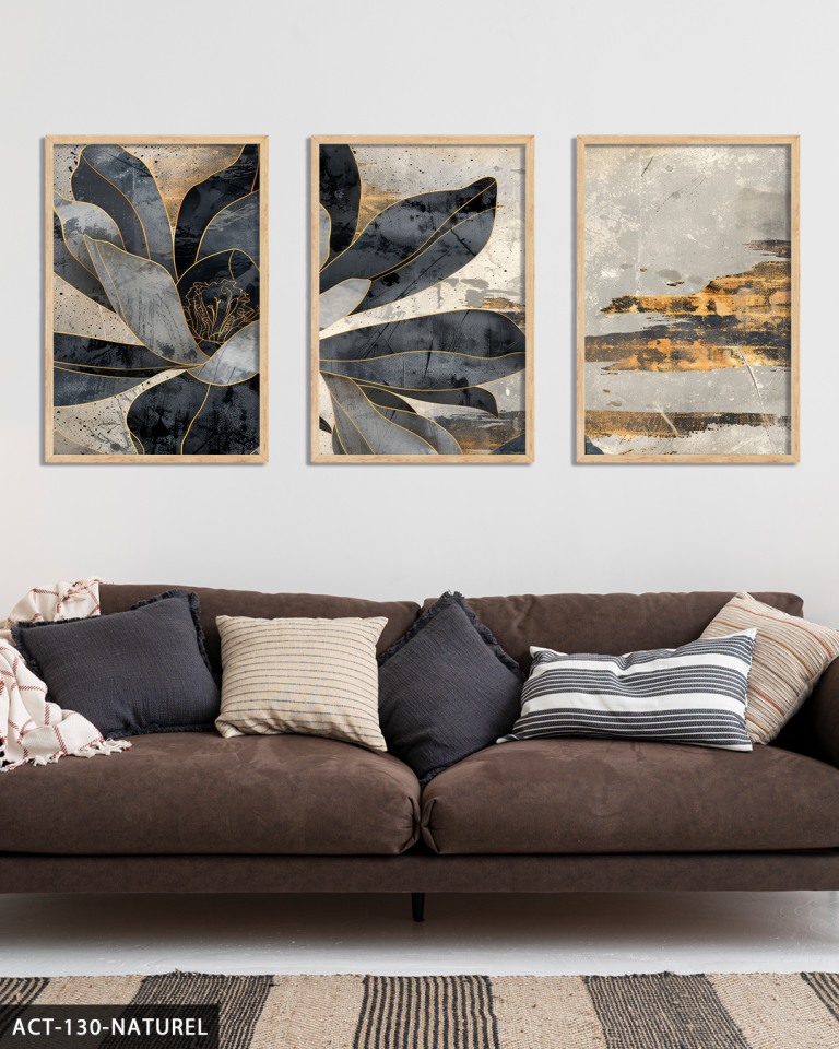 Gold Detaylı Siyah Çiçek 3 Parça Ahşap Çerçeveli Tablo ACT Naturel - 40 x 60 CM