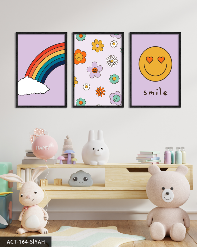 Gökkuşağı ve Gülenyüz 3 Parça Ahşap Çerçeveli Tablo ACT Siyah - 50 x 70 CM