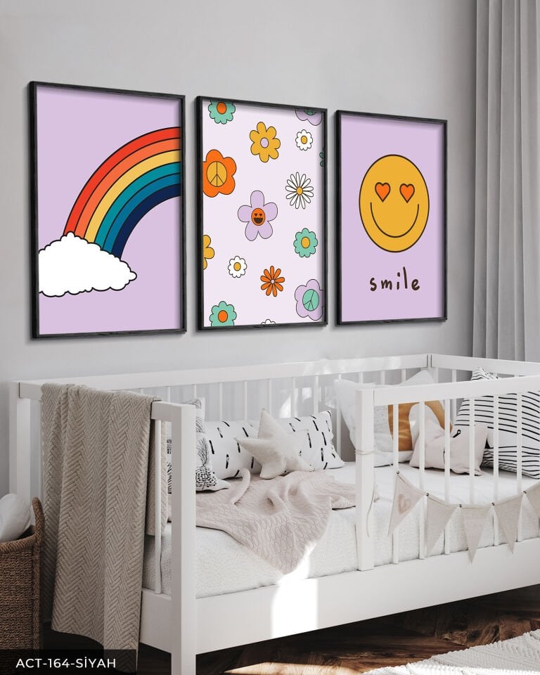 Gökkuşağı ve Gülenyüz 3 Parça Ahşap Çerçeveli Tablo ACT Siyah - 50 x 70 CM