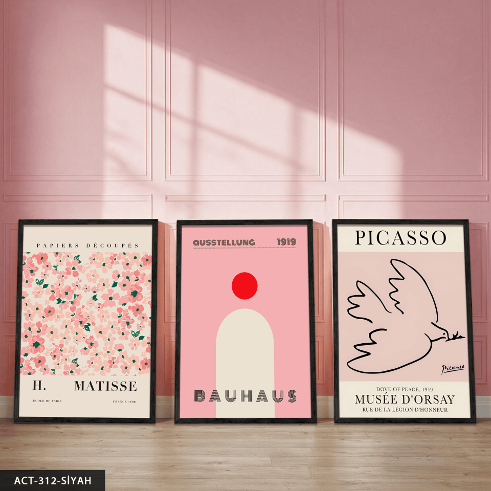 Matisse & Picasso & Bauhaus 3 Parça Ahşap Çerçeveli Tablo ACT Siyah - 50 x 70 CM
