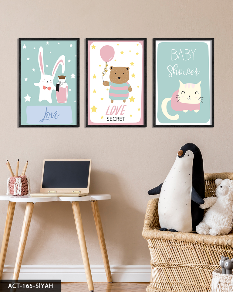 Hayvan Temalı Çocuk Odası 3 Parça Ahşap Çerçeveli Tablo ACT Siyah - 50 x 70 CM
