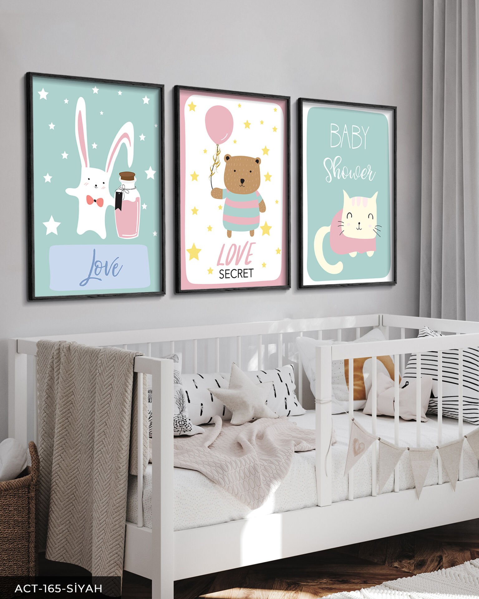 Hayvan Temalı Çocuk Odası 3 Parça Ahşap Çerçeveli Tablo ACT Siyah - 50 x 70 CM