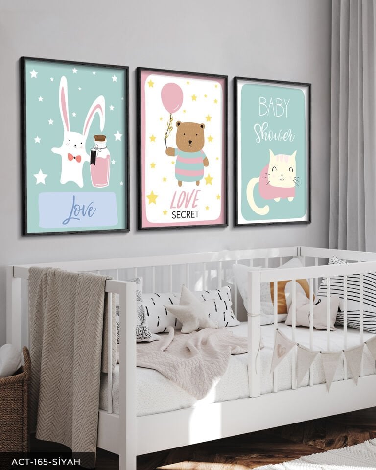 Hayvan Temalı Çocuk Odası 3 Parça Ahşap Çerçeveli Tablo ACT Siyah - 50 x 70 CM