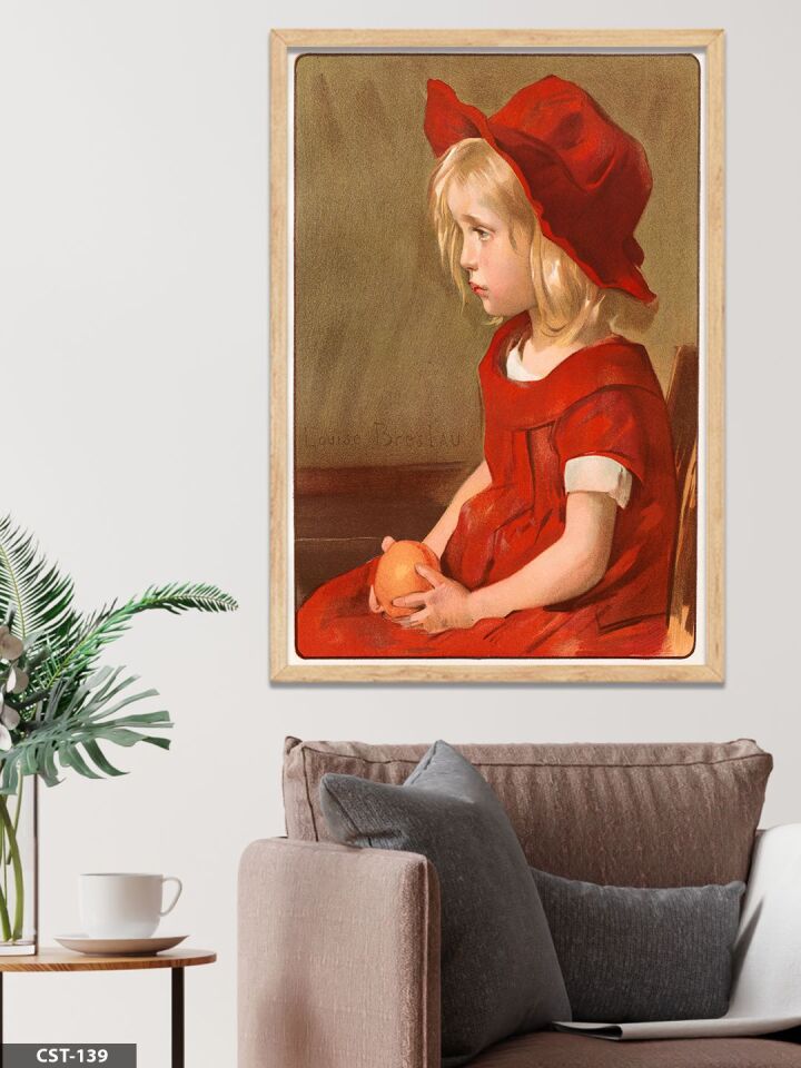 Kırmızı Elbiseli Kız Portre Tek Parça Ahşap Çerçeveli Tablo Naturel - 30 x 40 CM