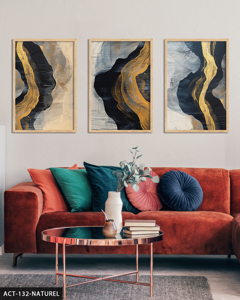 Gold ve Lacivert Renginde Farklı Şekiller 3 Parça Ahşap Çerçeveli Tablo ACT Naturel - 40 x 60 CM