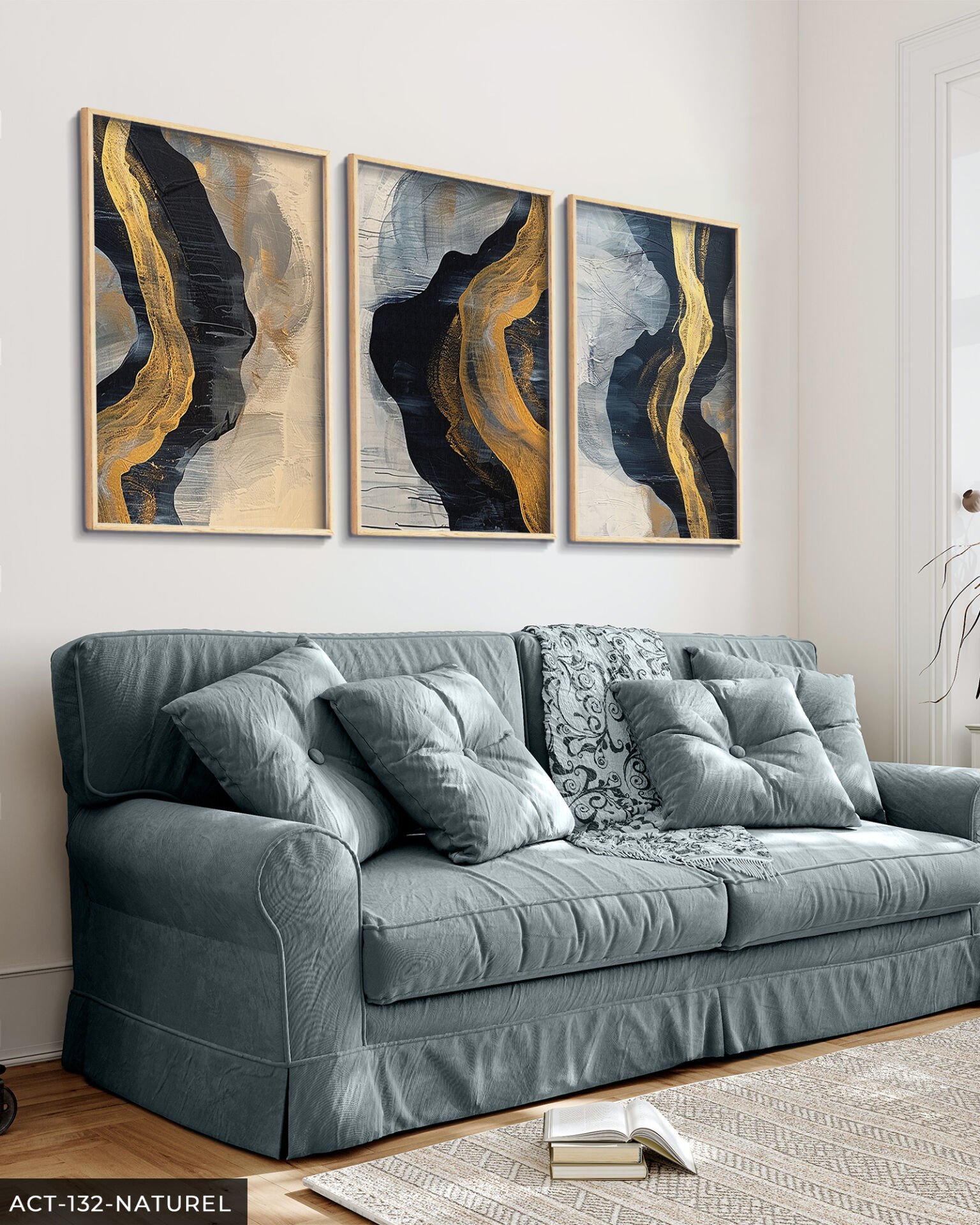 Gold ve Lacivert Renginde Farklı Şekiller 3 Parça Ahşap Çerçeveli Tablo ACT Naturel - 40 x 60 CM