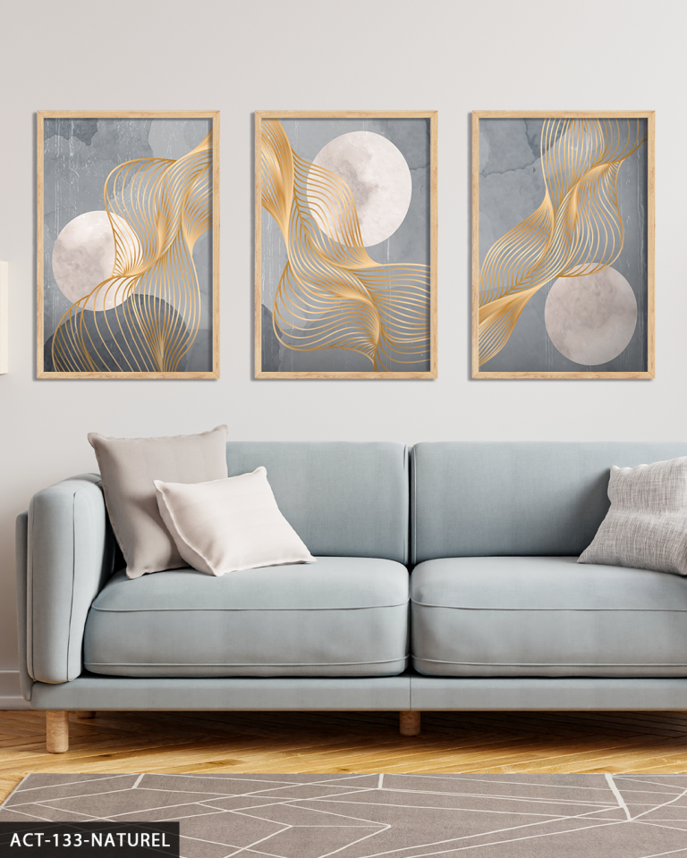 Gri Zeminde Gold Detaylı Dalgalar 3 Parça Ahşap Çerçeveli Tablo ACT Naturel - 40 x 60 CM