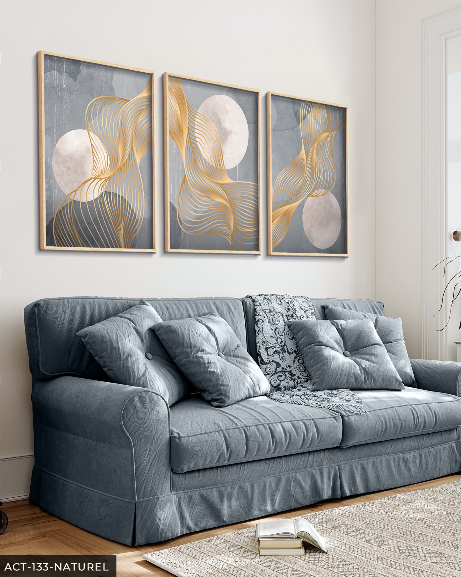 Gri Zeminde Gold Detaylı Dalgalar 3 Parça Ahşap Çerçeveli Tablo ACT Naturel - 40 x 60 CM