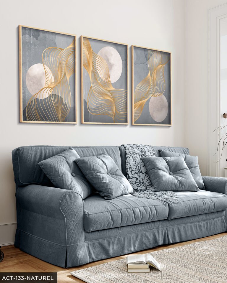 Gri Zeminde Gold Detaylı Dalgalar 3 Parça Ahşap Çerçeveli Tablo ACT Naturel - 40 x 60 CM