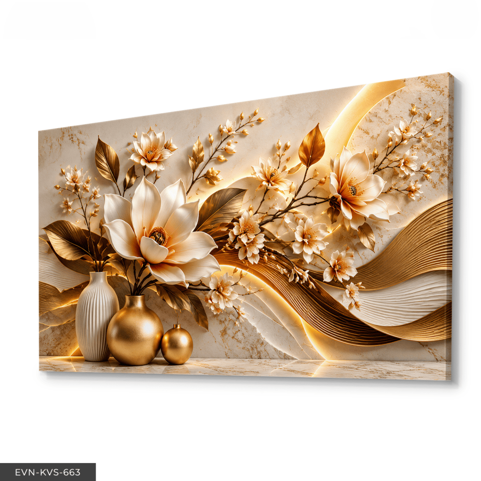 Gold Vazoda Beyaz Zarif Çiçek Tek Parça Işıksız Kanvas - Canvas Tablo