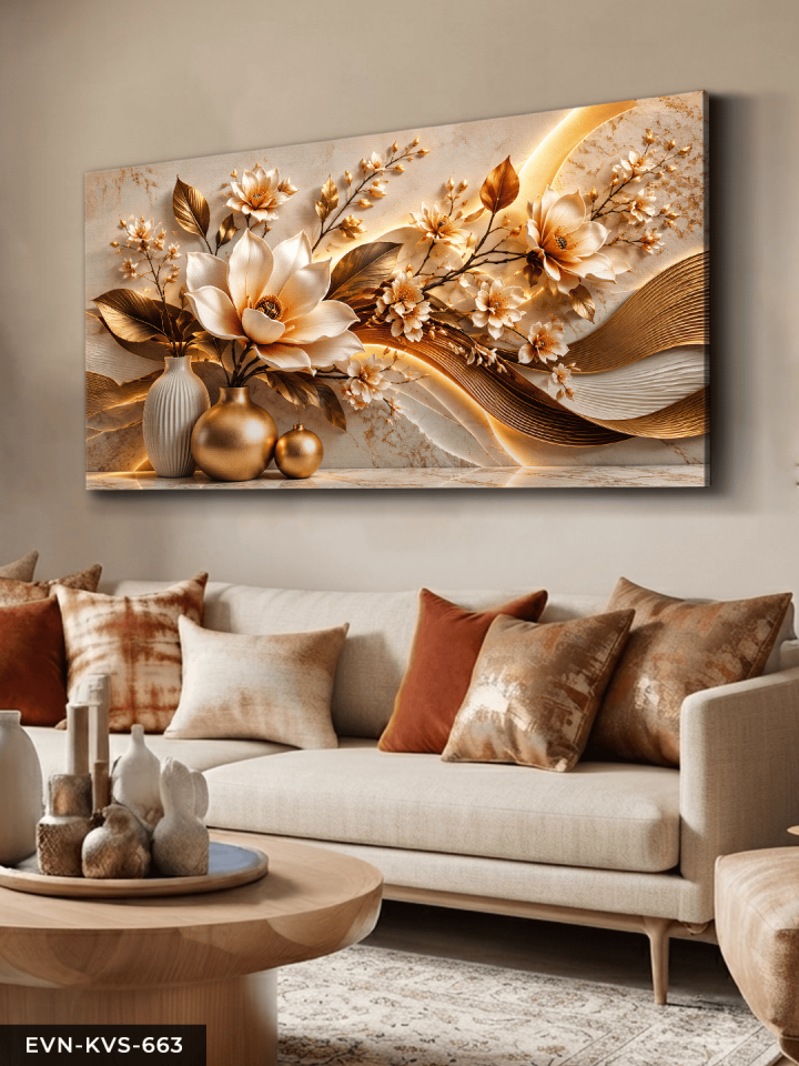 Gold Vazoda Beyaz Zarif Çiçek Tek Parça Işıksız Kanvas - Canvas Tablo