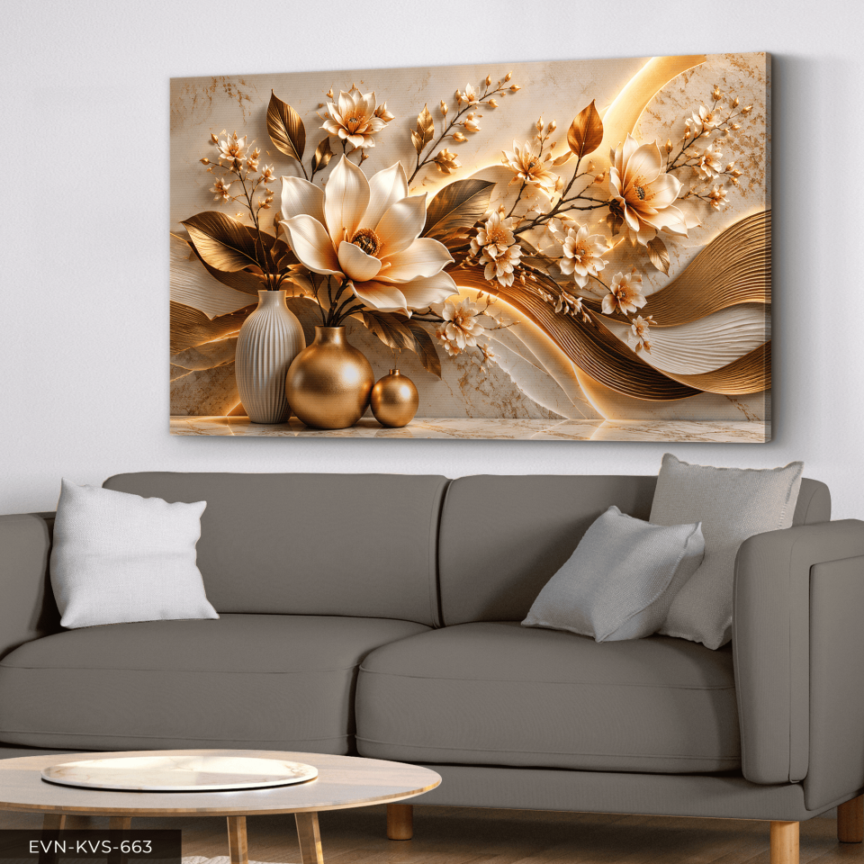 Gold Vazoda Beyaz Zarif Çiçek Tek Parça Işıksız Kanvas - Canvas Tablo
