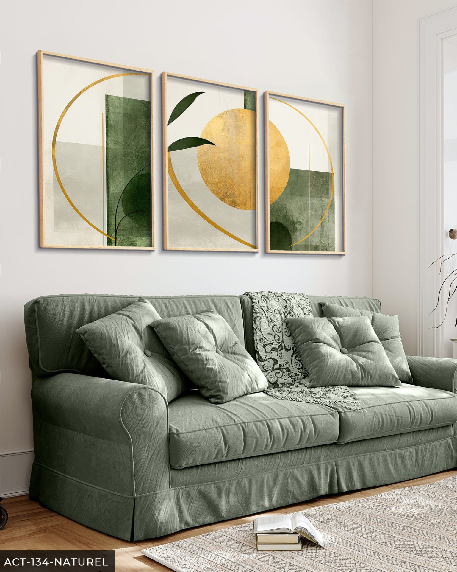 Gold ve Yeşil Soyut Sanat 3 Parça Ahşap Çerçeveli Tablo ACT Naturel - 40 x 60 CM