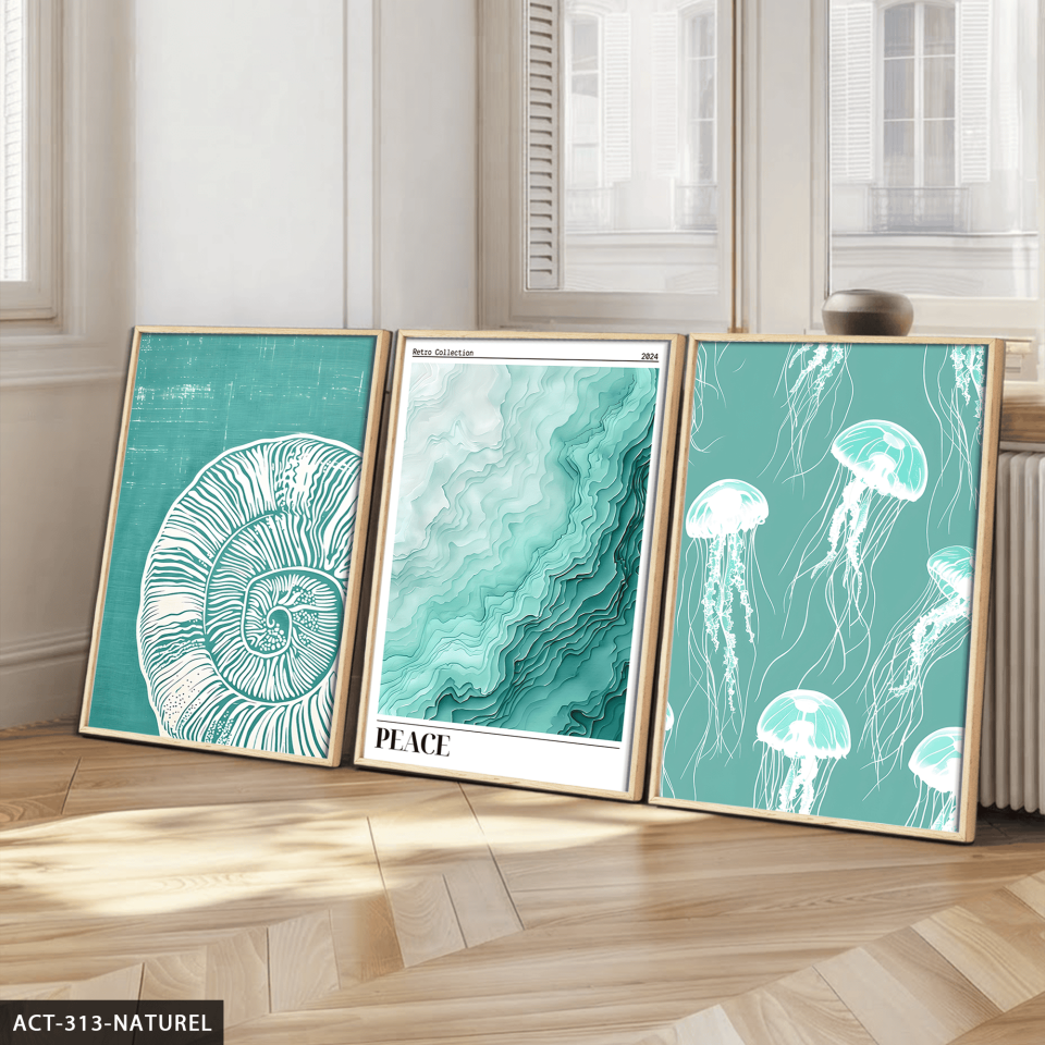 Deniz Temalı 3 Parça Ahşap Çerçeveli Tablo ACT Naturel - 50 x 70 CM