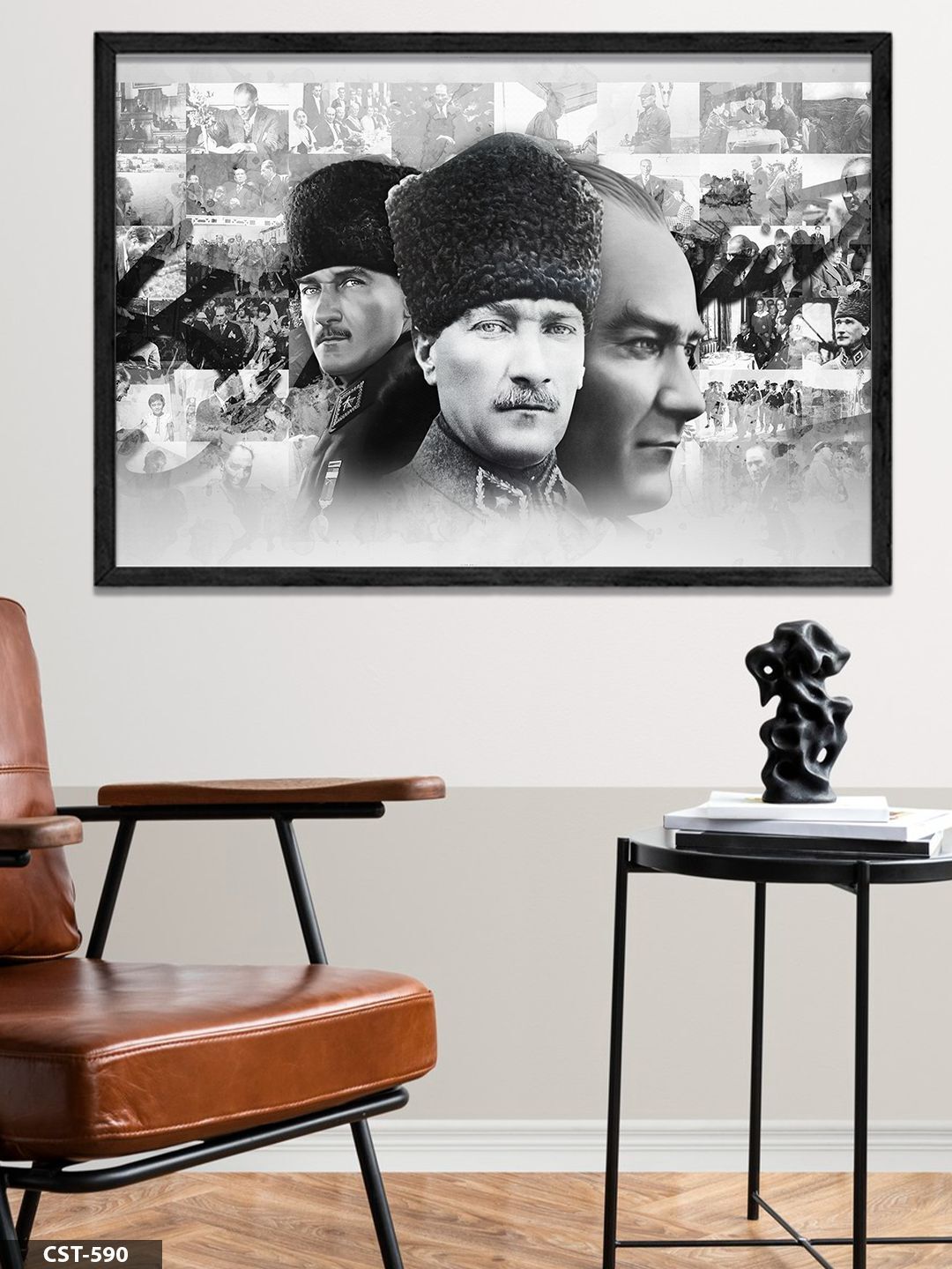 Mustafa Kemal Atatürk Tek Parça Ahşap Çerçeveli Tablo Siyah - 50 x 70 CM