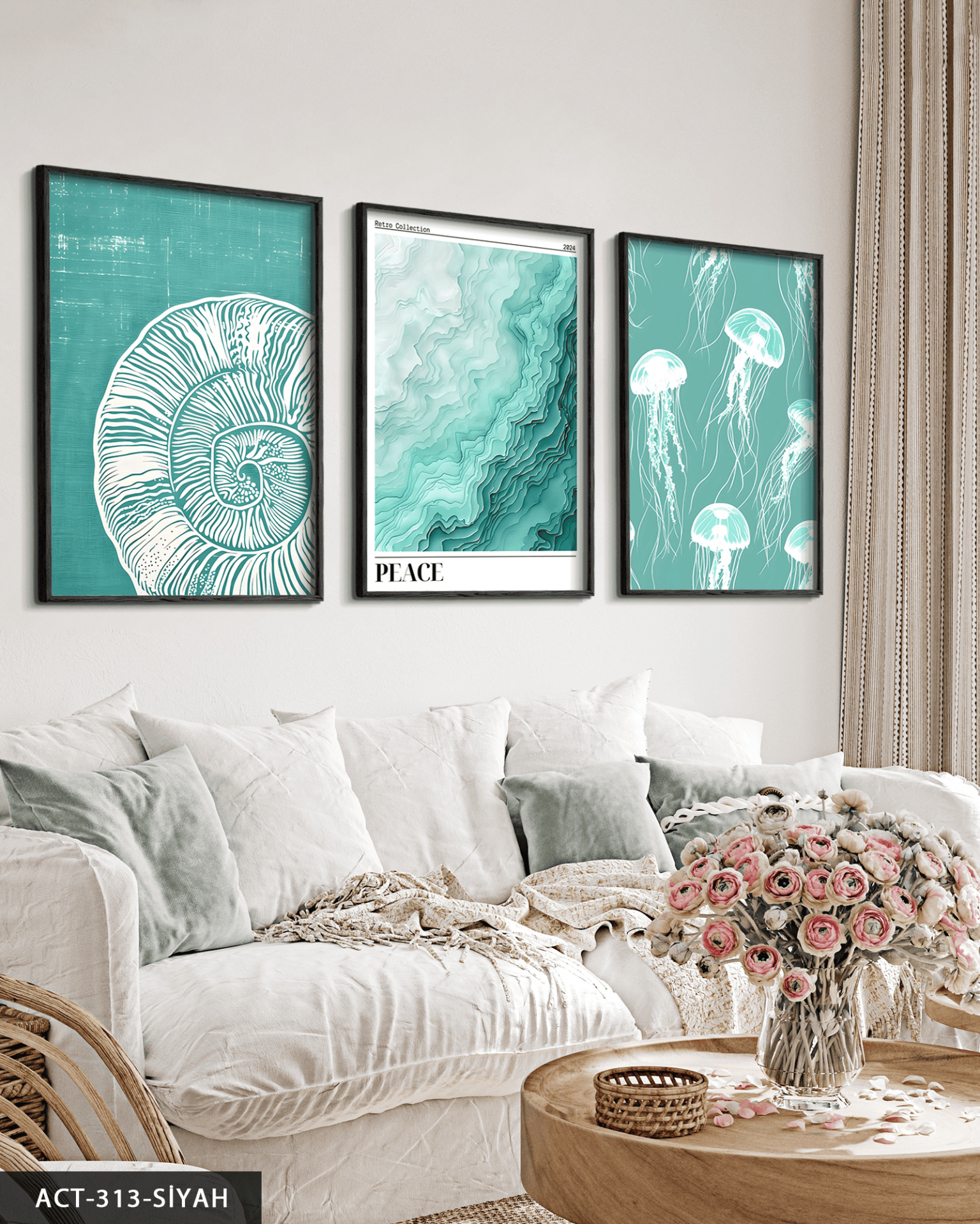 Deniz Temalı 3 Parça Ahşap Çerçeveli Tablo ACT Siyah - 40 x 60 CM