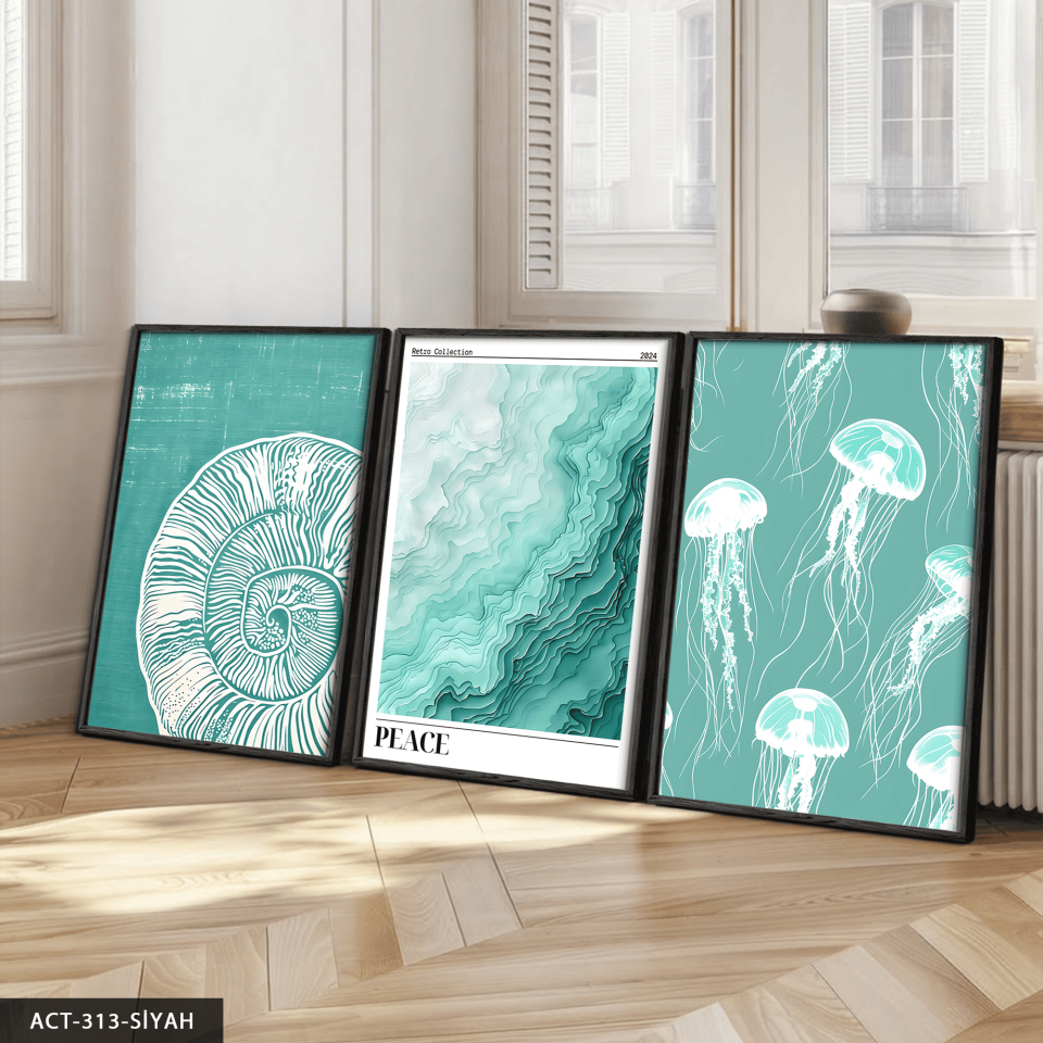 Deniz Temalı 3 Parça Ahşap Çerçeveli Tablo ACT Siyah - 40 x 60 CM