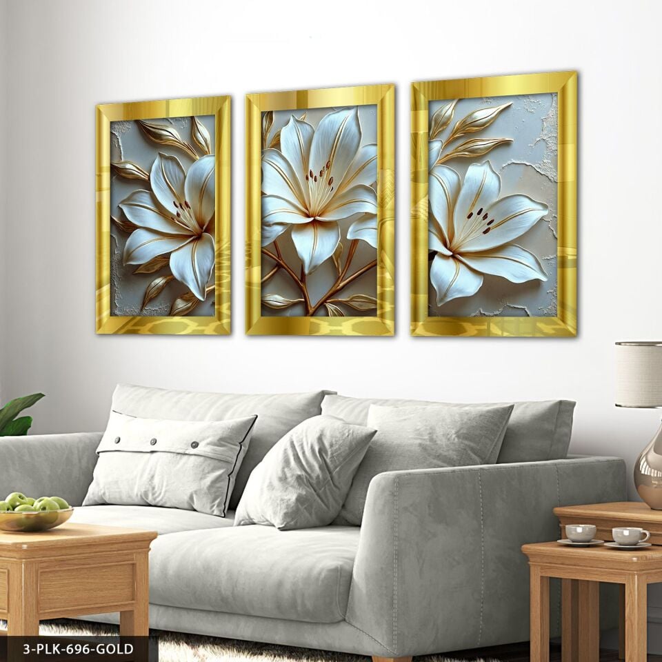 Gold Yapraklı Zambak 3 Parça Pleksi Aynalı Tablo 20 x 30 CM - Gold