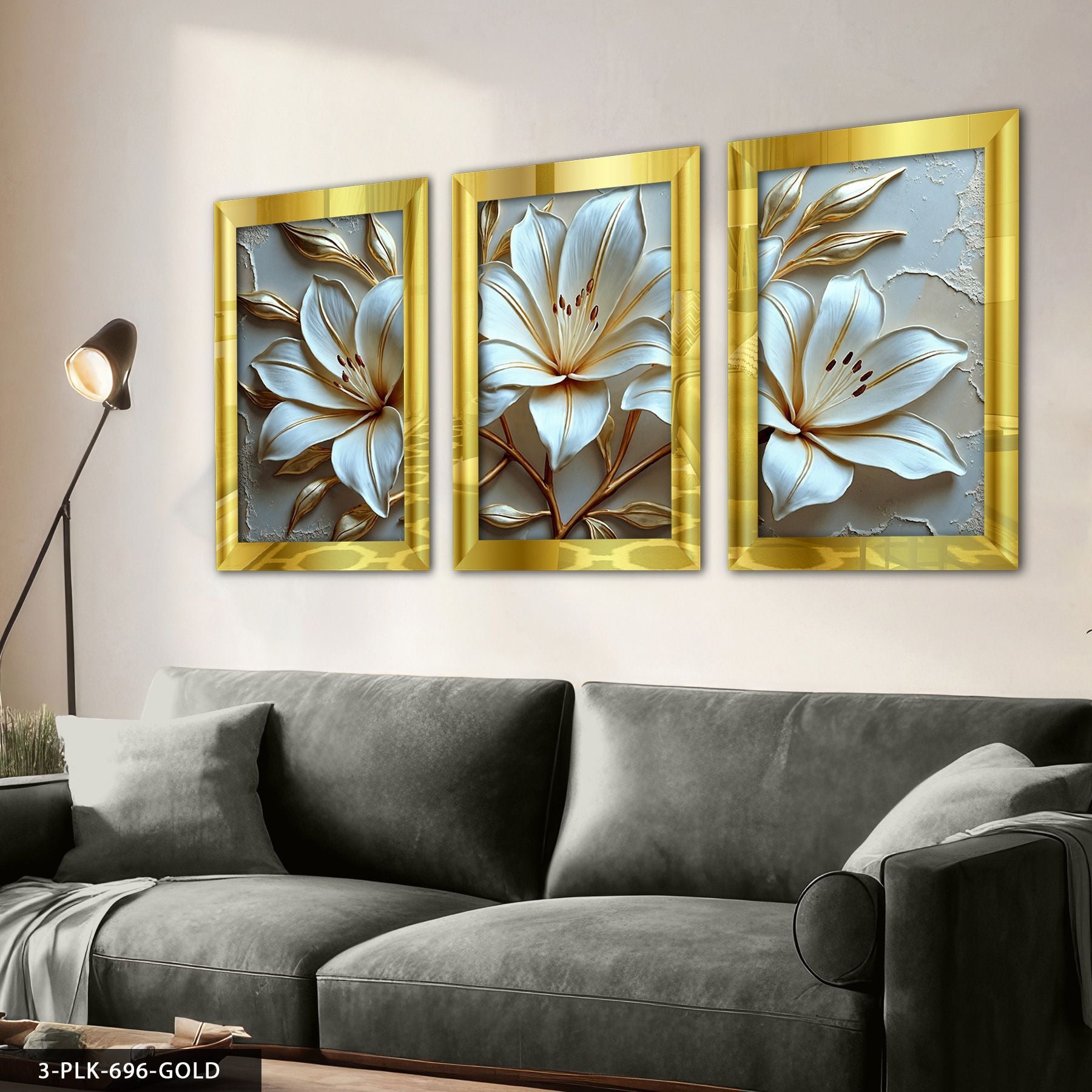 Gold Yapraklı Zambak 3 Parça Pleksi Aynalı Tablo 20 x 30 CM - Gold