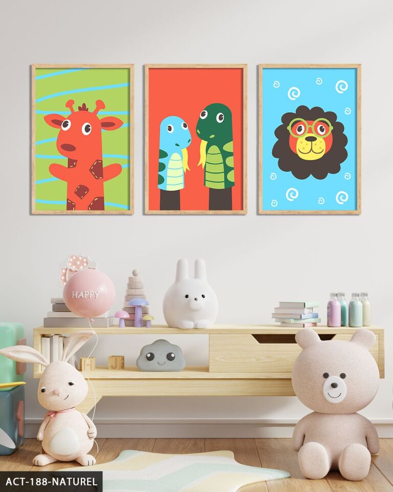 Hayvan Temalı Çocuk Odası 3 Parça Ahşap Çerçeveli Tablo ACT Naturel - 20 x 30 CM
