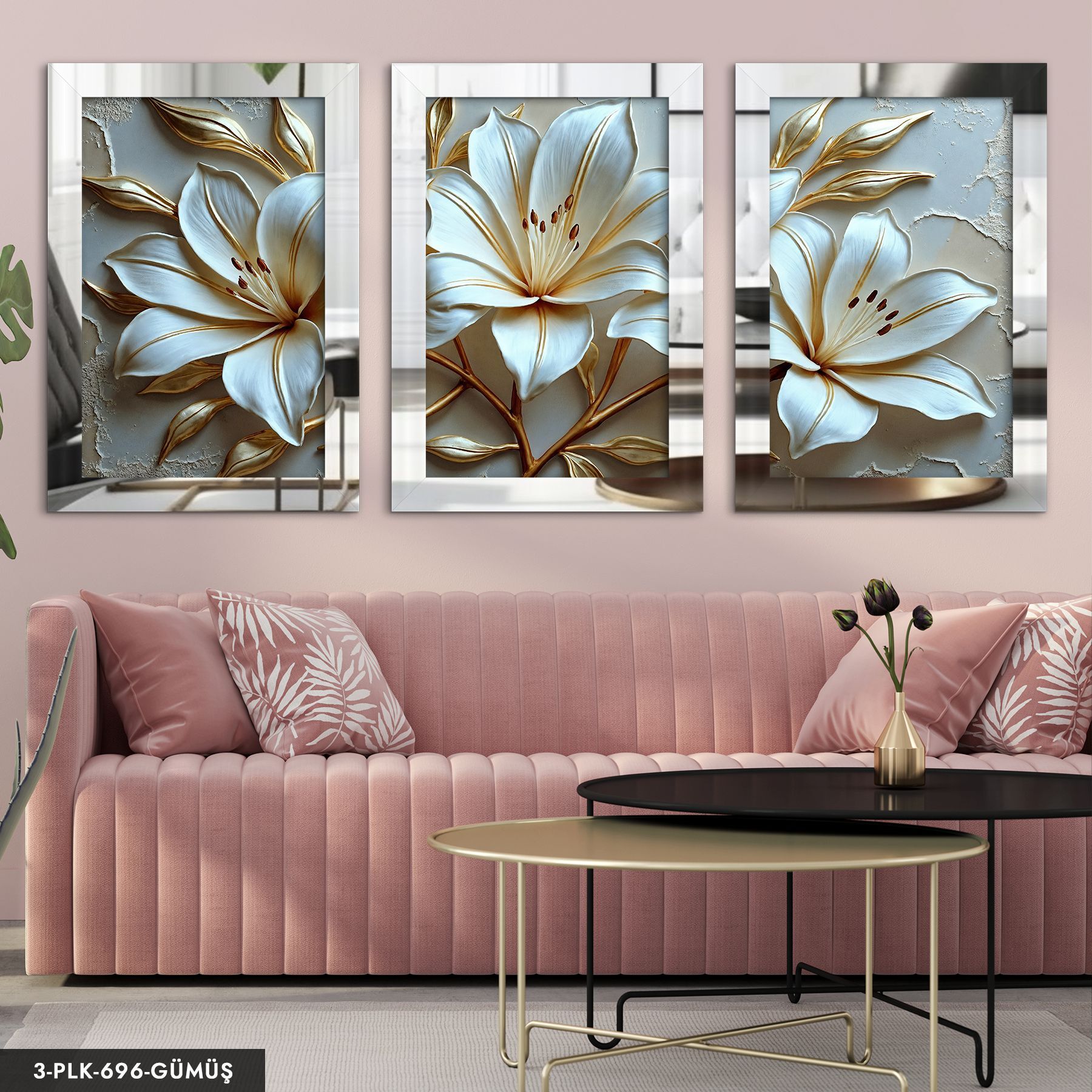 Gold Yapraklı Zambak 3 Parça Pleksi Aynalı Tablo 20 x 30 CM - Gümüş