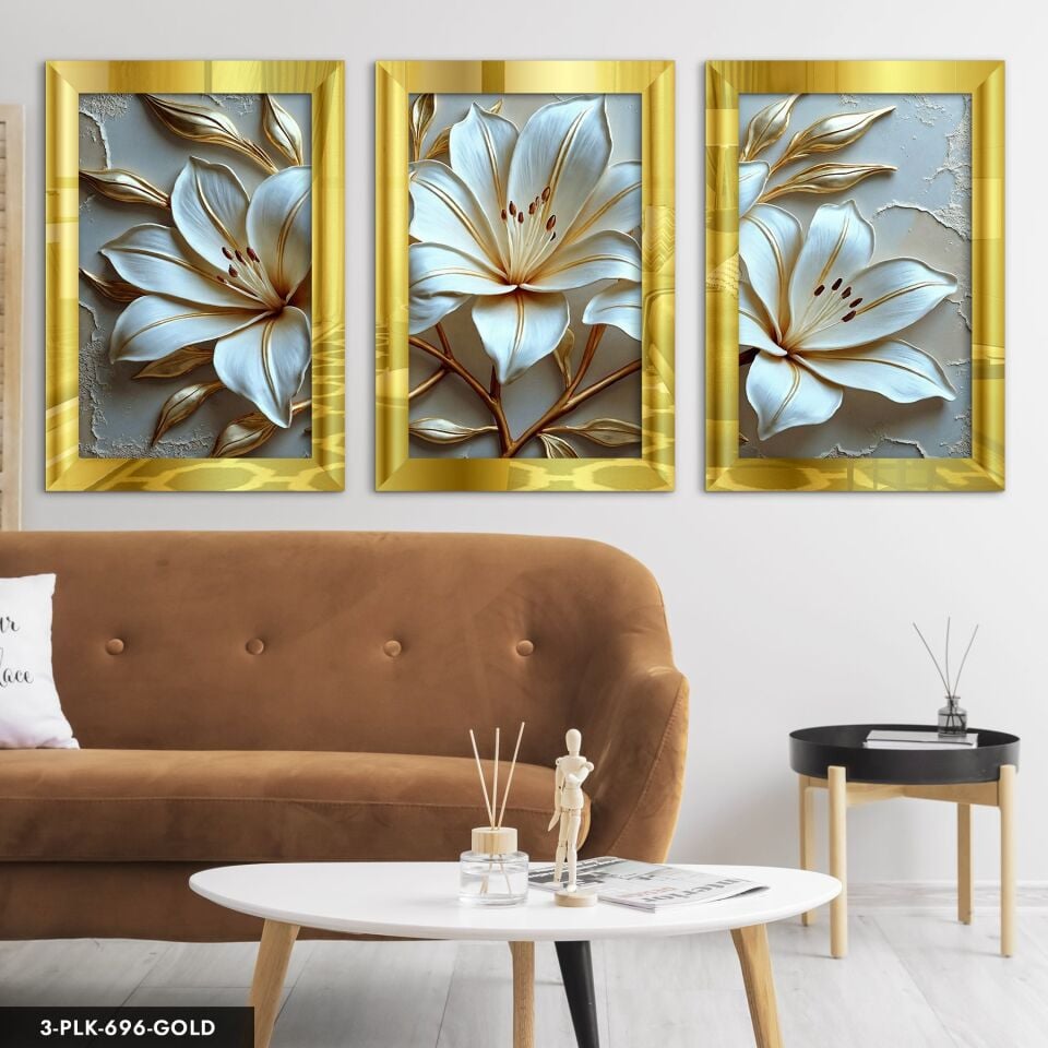 Gold Yapraklı Zambak 3 Parça Pleksi Aynalı Tablo 20 x 30 CM - Gold