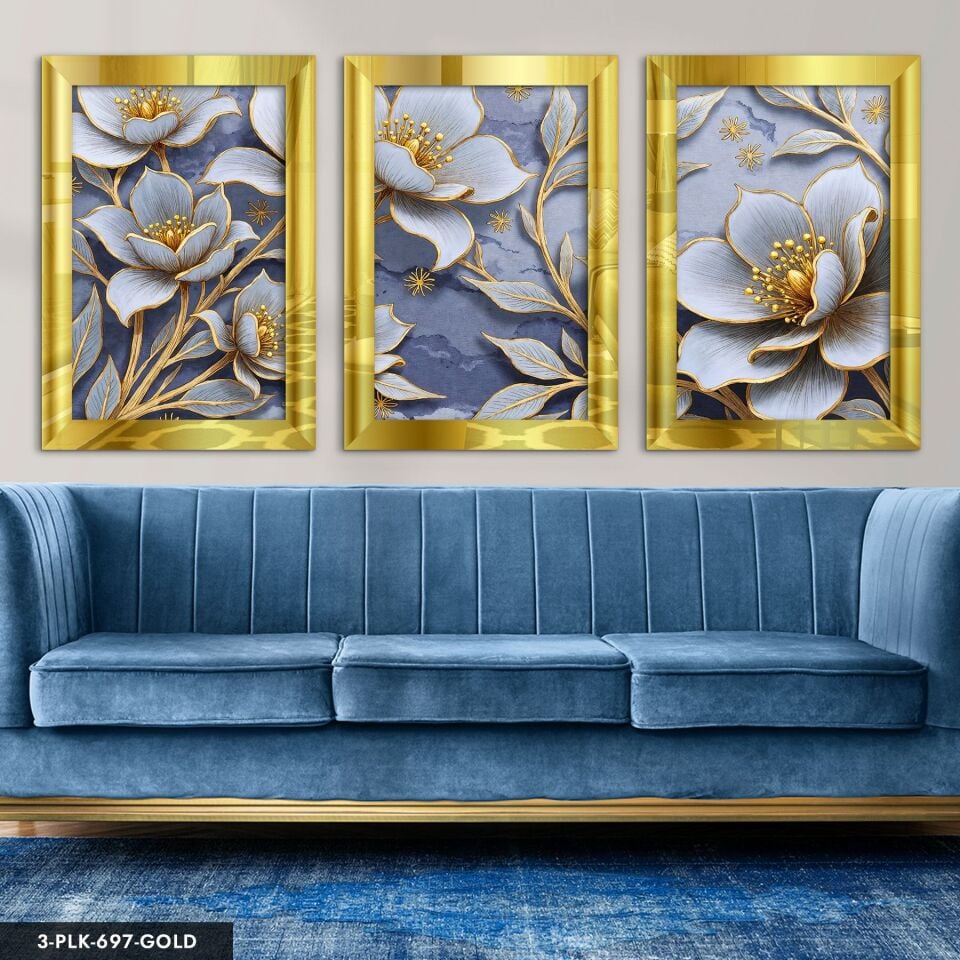 Gold Detaylı Beyaz Çiçek 3 Parça Pleksi Aynalı Tablo 20 x 30 CM - Gold