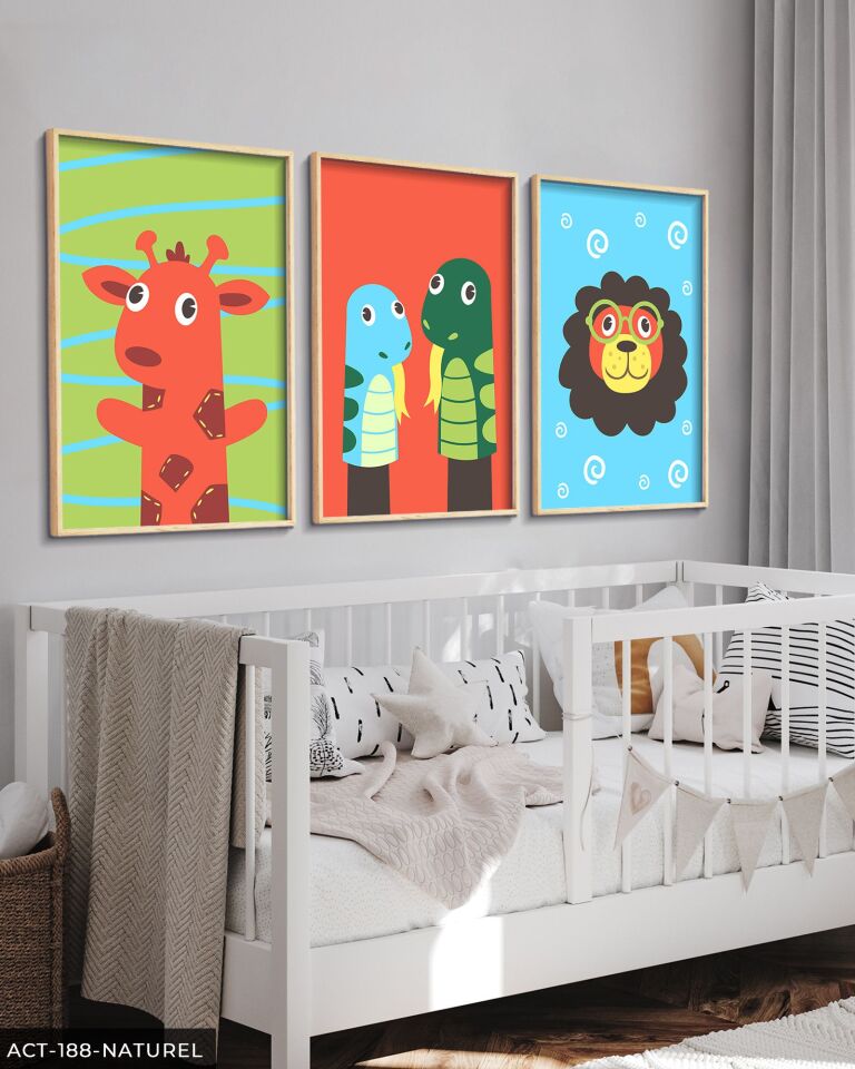 Hayvan Temalı Çocuk Odası 3 Parça Ahşap Çerçeveli Tablo ACT Naturel - 40 x 60 CM