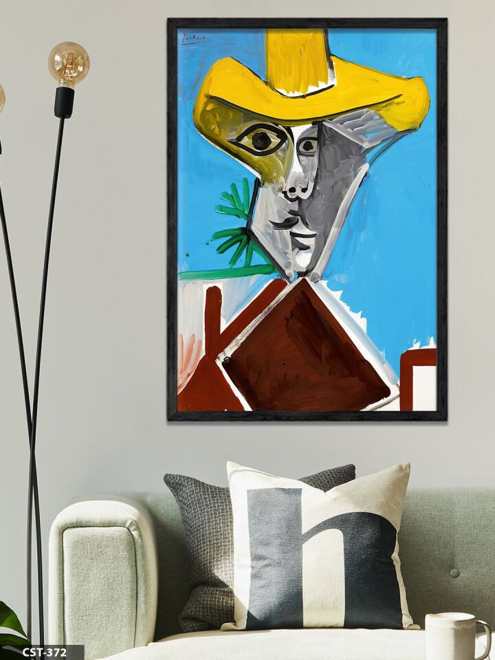 Pablo Picasso Sarı Şapkalı Portre Tek Parça Ahşap Çerçeveli Tablo Siyah - 20 x 30 CM