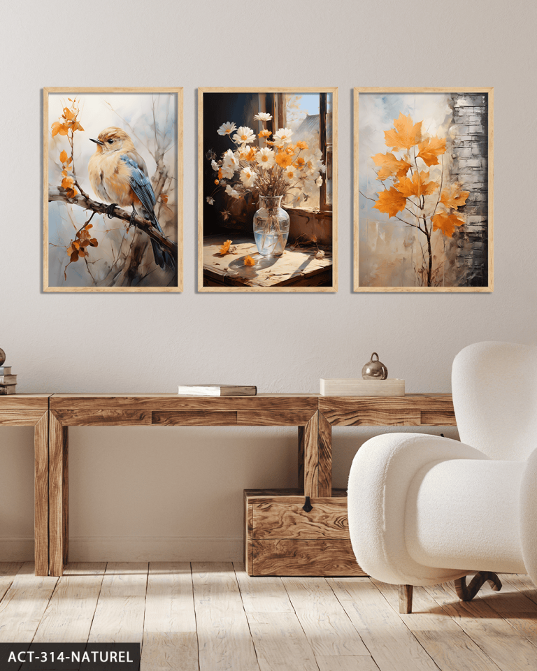 Vazoda Papatya ve Kuş 3 Parça Ahşap Çerçeveli Tablo ACT Naturel - 50 x 70 CM