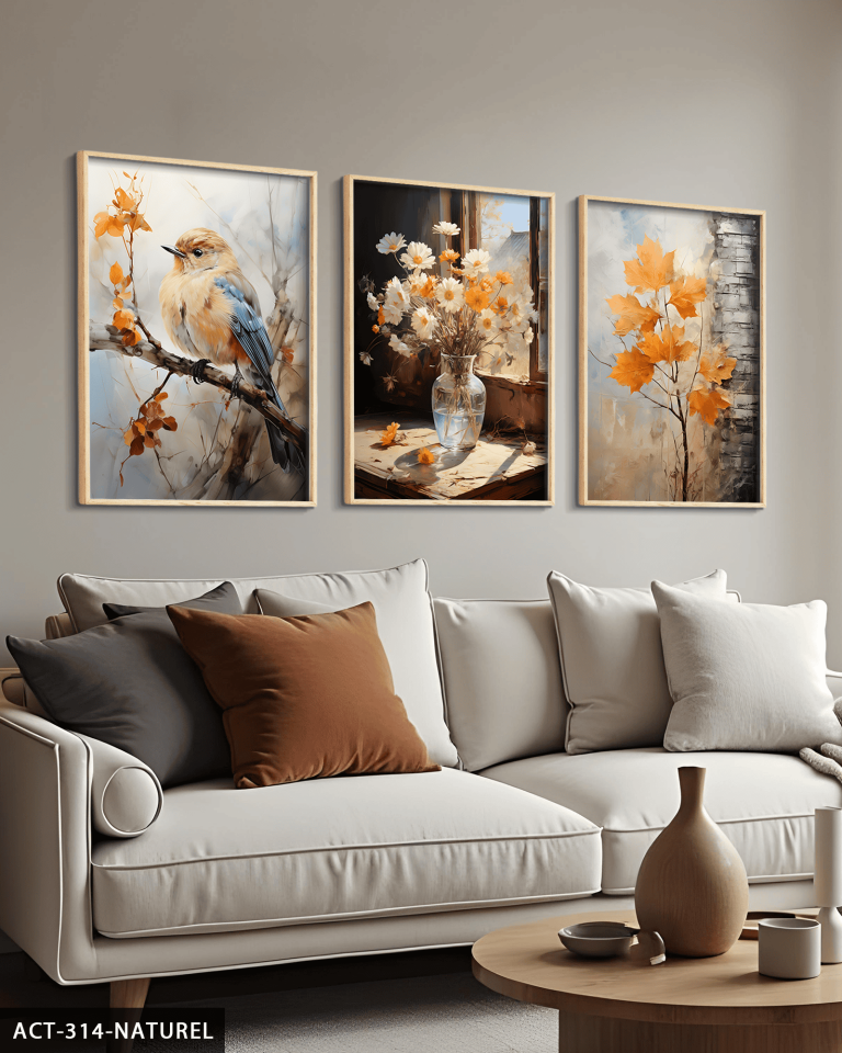 Vazoda Papatya ve Kuş 3 Parça Ahşap Çerçeveli Tablo ACT Naturel - 50 x 70 CM