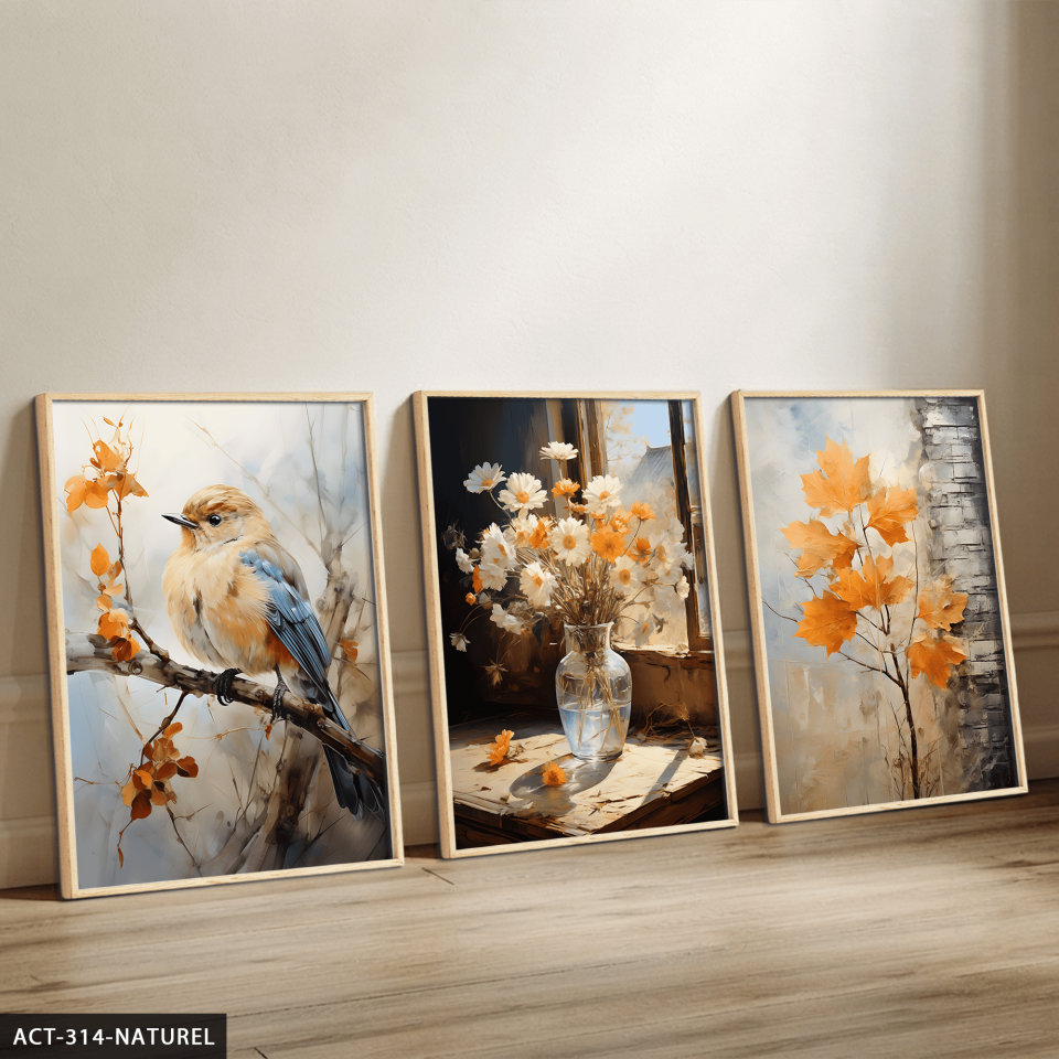 Vazoda Papatya ve Kuş 3 Parça Ahşap Çerçeveli Tablo ACT Naturel - 50 x 70 CM