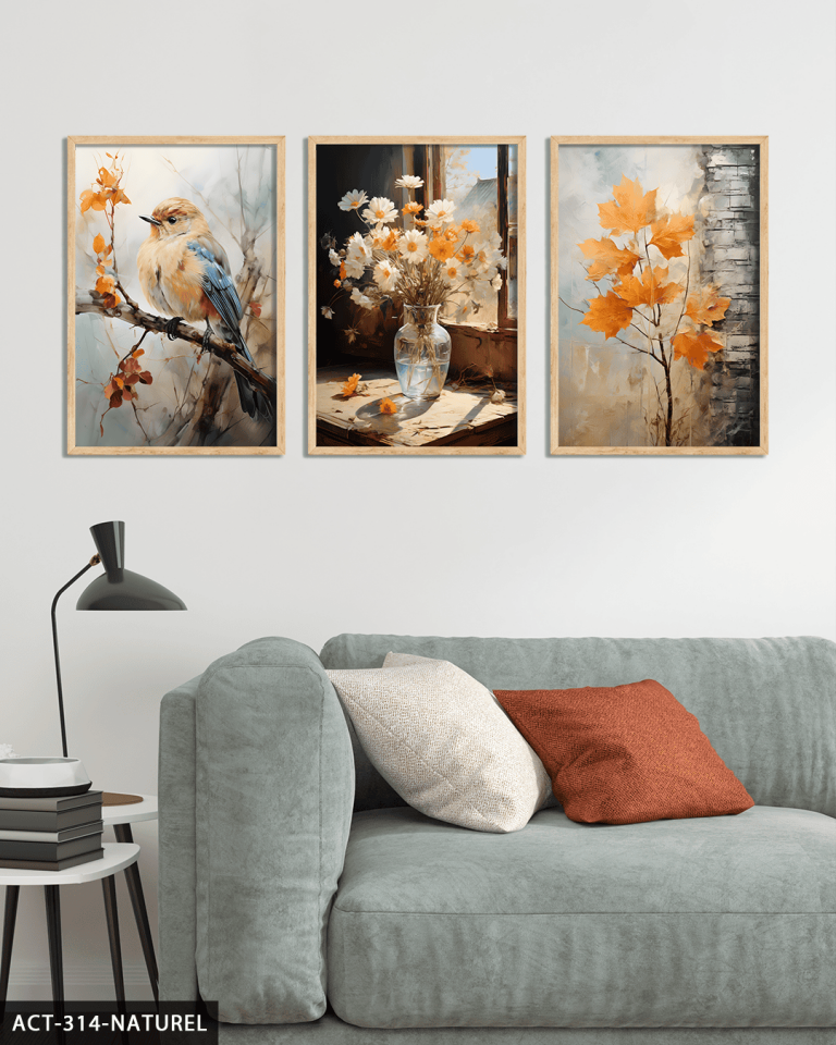 Vazoda Papatya ve Kuş 3 Parça Ahşap Çerçeveli Tablo ACT Naturel - 50 x 70 CM