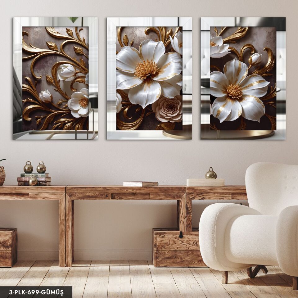 Gold Detaylı Beyaz Çiçek 3 Parça Pleksi Aynalı Tablo 20 x 30 CM - Gümüş