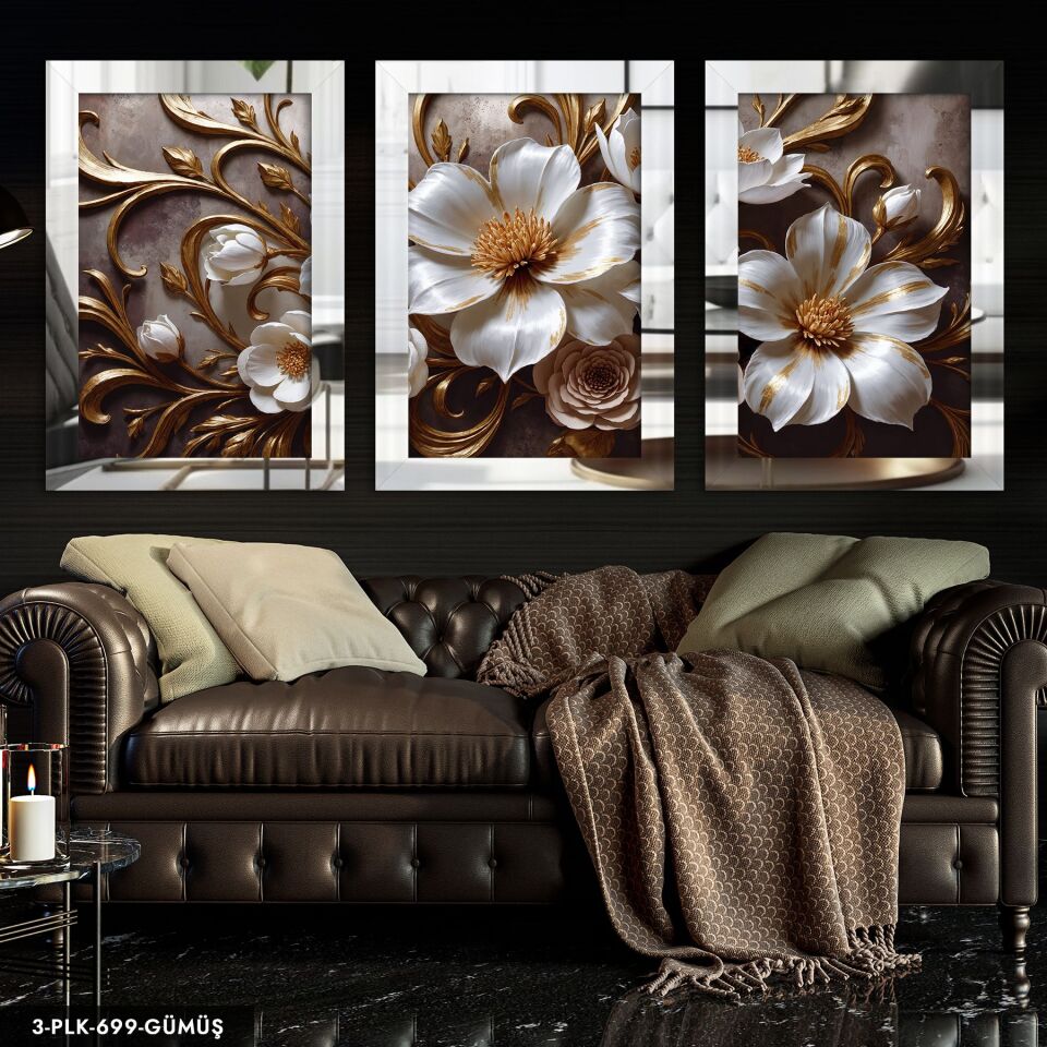 Gold Detaylı Beyaz Çiçek 3 Parça Pleksi Aynalı Tablo 20 x 30 CM - Gümüş