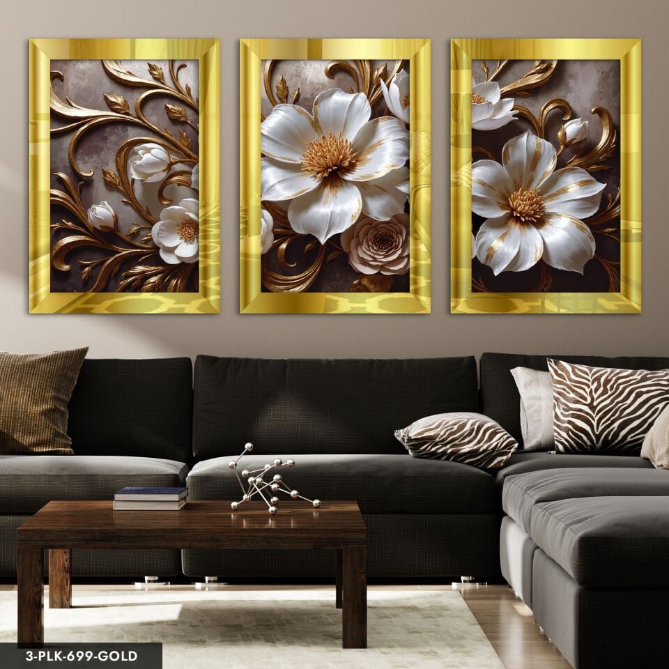Gold Detaylı Beyaz Çiçek 3 Parça Pleksi Aynalı Tablo 20 x 30 CM - Gold