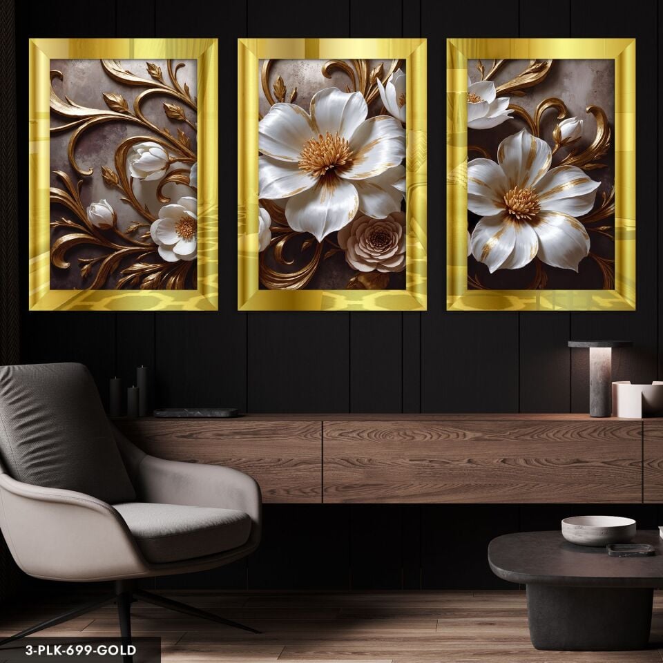 Gold Detaylı Beyaz Çiçek 3 Parça Pleksi Aynalı Tablo 20 x 30 CM - Gold