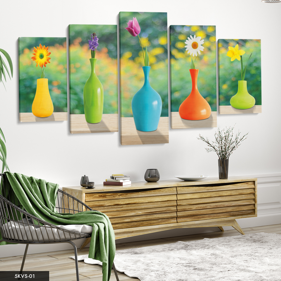 Vazo Renkli Çiçekler 5 Parça Kanvas - Canvas Tablo 70 x 125 CM