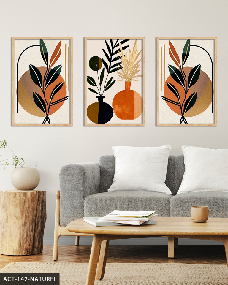 Boho Tarzında Vazoda Yapraklar 3 Parça Ahşap Çerçeveli Tablo ACT Naturel - 40 x 60 CM