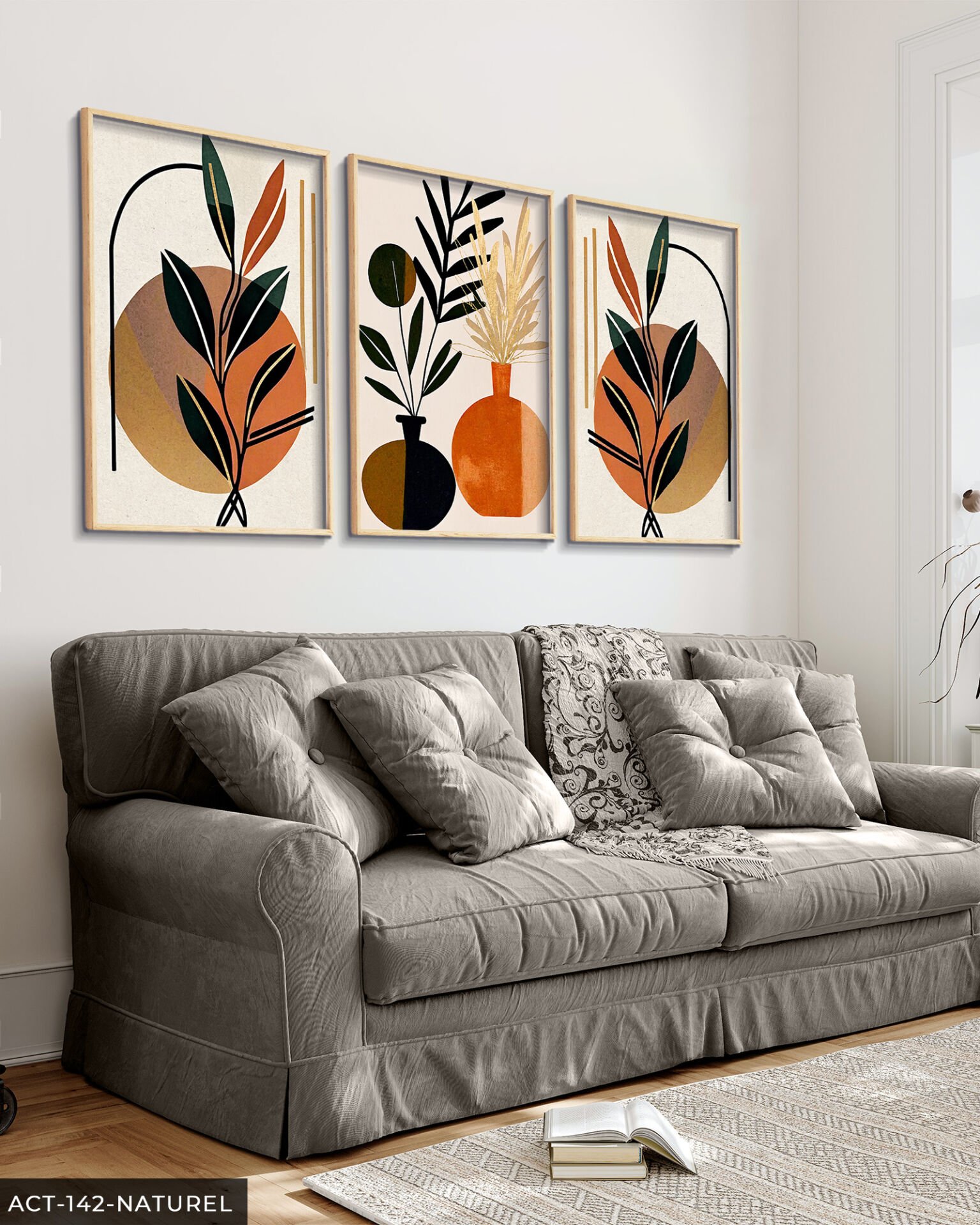 Boho Tarzında Vazoda Yapraklar 3 Parça Ahşap Çerçeveli Tablo ACT Naturel - 40 x 60 CM
