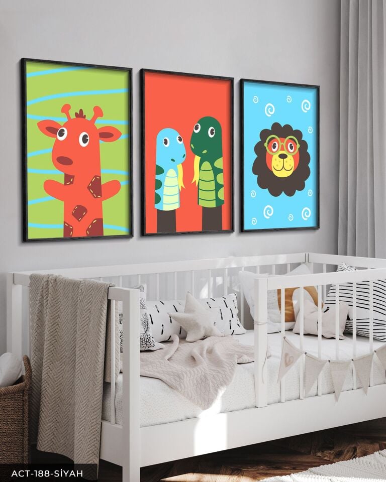 Hayvan Temalı Çocuk Odası 3 Parça Ahşap Çerçeveli Tablo ACT Siyah - 20 x 30 CM